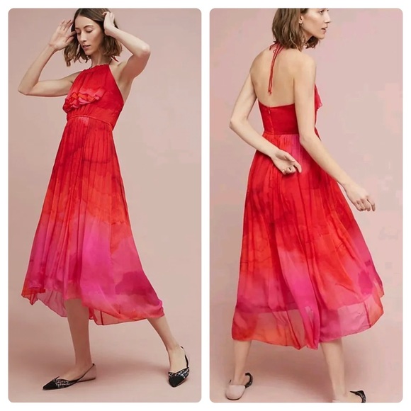 TRACY REESE Anthropologie Cascade Halter Dress Red Ombré - Picture 2 of 13
